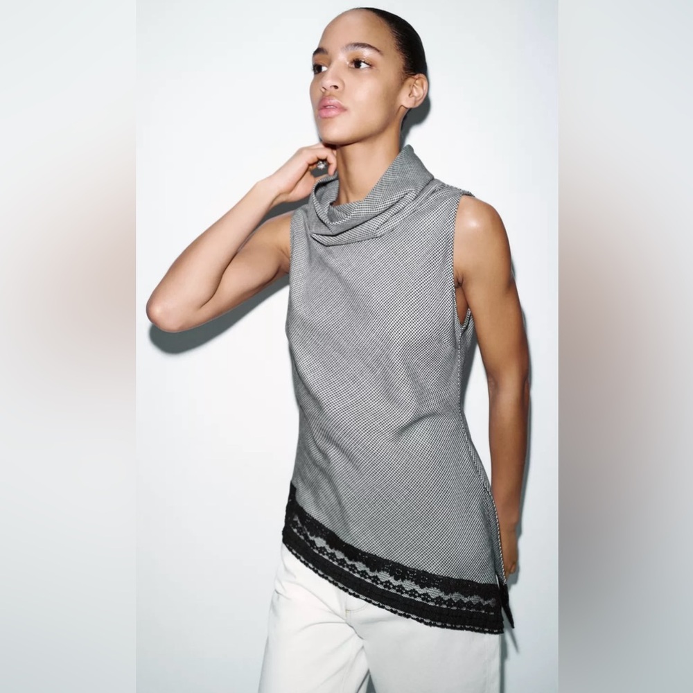 Zara Gray Sleeveless Cowl Neck Tunic w. Black Lace Trim + Side Vent. New w. Tags